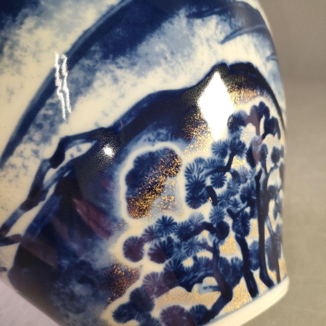 A1196-4/山本長左 作/黎明/藍九谷純金加彩手吉祥文花瓶/