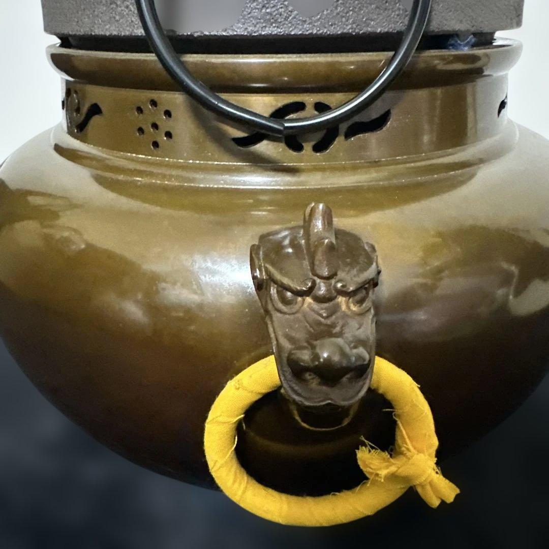 美品 在銘 金森 昭栄 摘み真形釜添え 唐銅鬼面風炉 銅製 茶釜