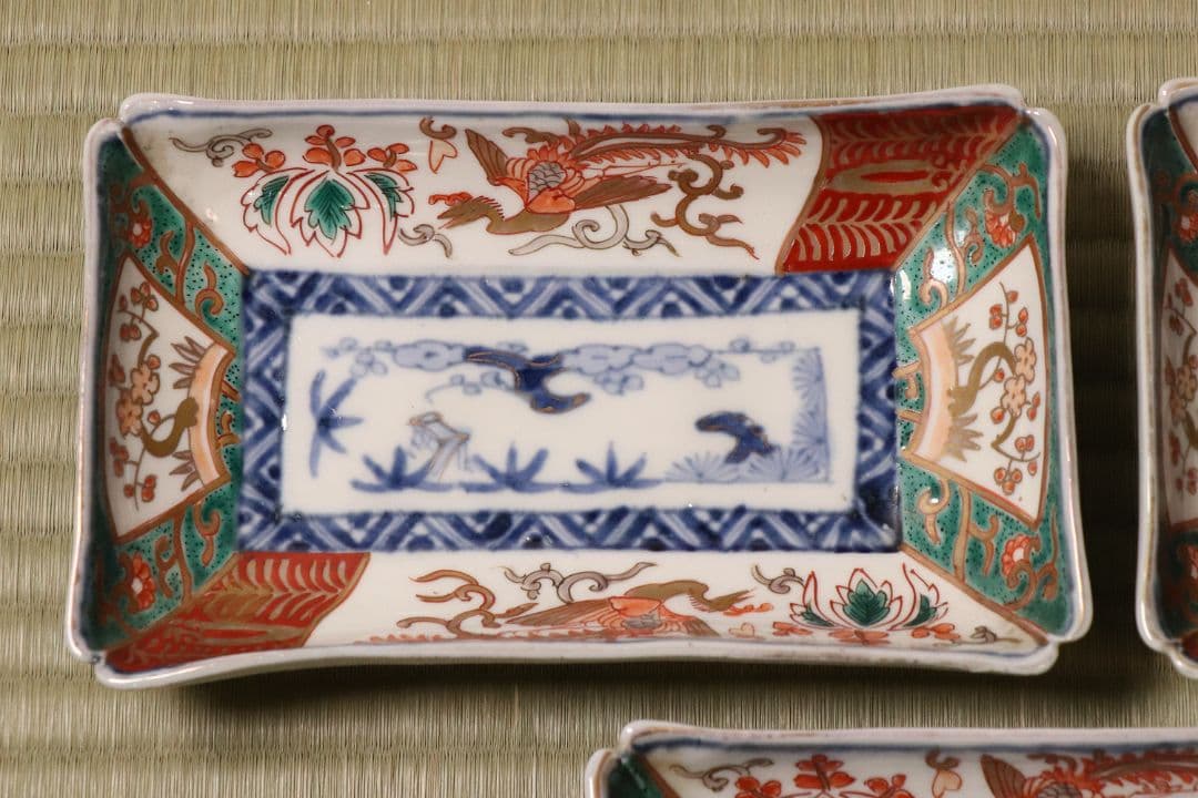 CM50】古伊万里 色絵 長方刺身皿 角皿 五客 桐鳳凰 松竹梅 扇面