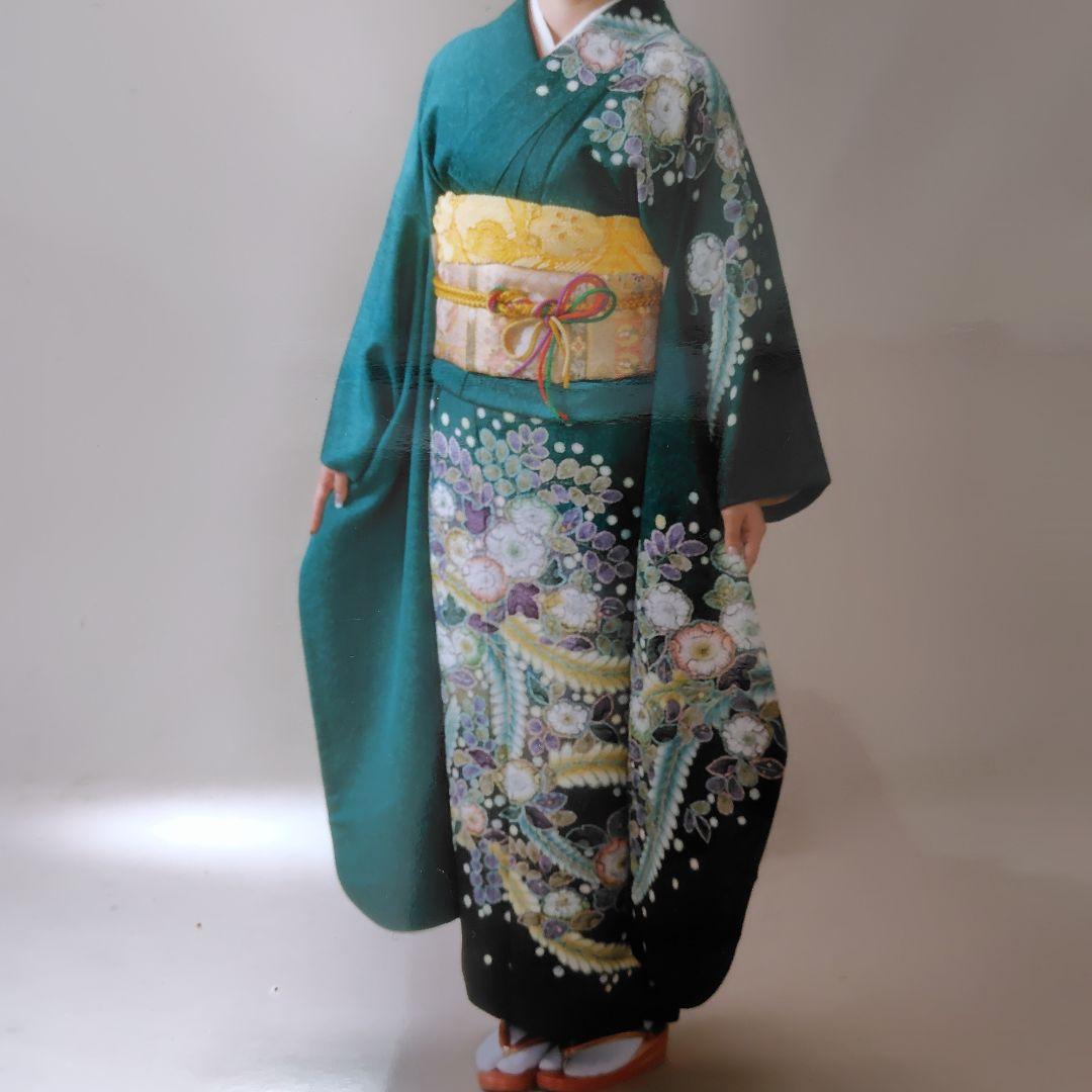振袖 深い緑色 花柄 辻ヶ花