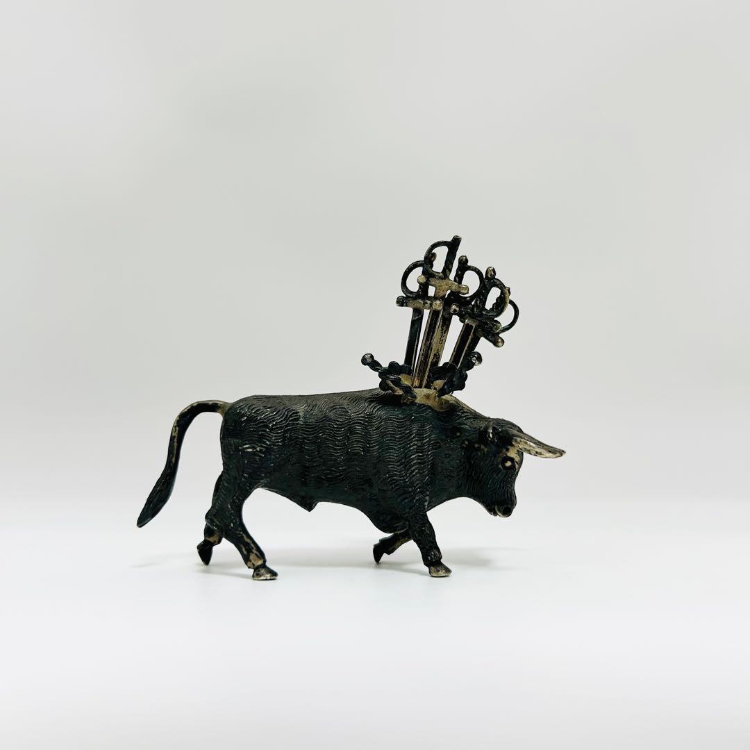 【STERLING925 銀　牛　ピックスタンド】 オブジェ 金属工芸86.0g