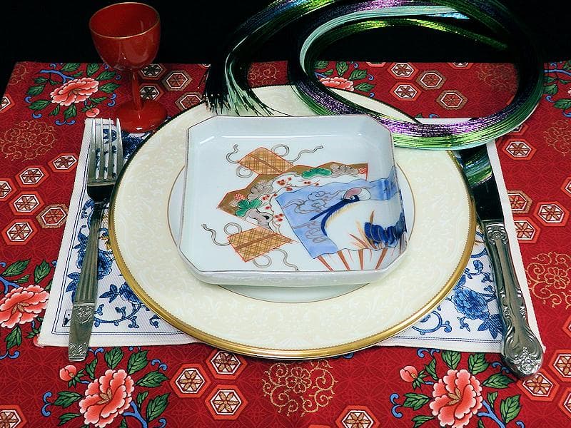 古伊万里 染錦 松に丹頂鶴の図 角皿 4枚 D827AS-BJn