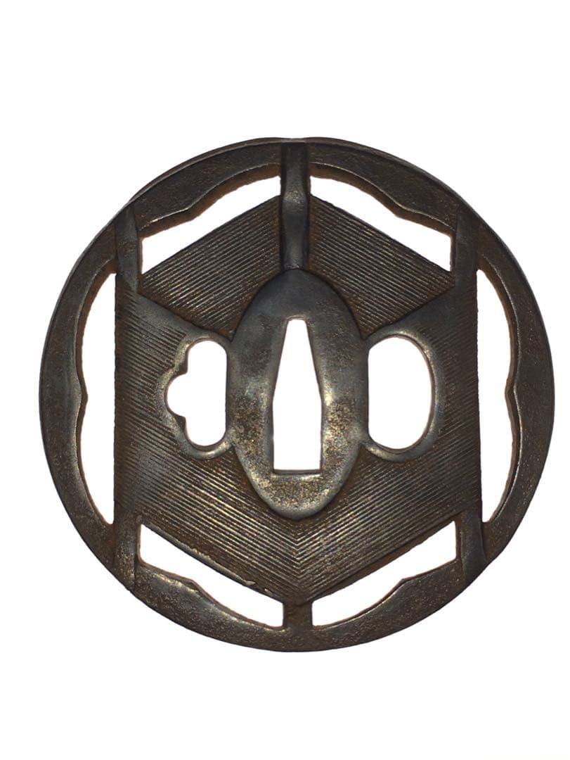 S12六角透かし鉄鍔・大小鍔一対 木箱付 武具・刀装具