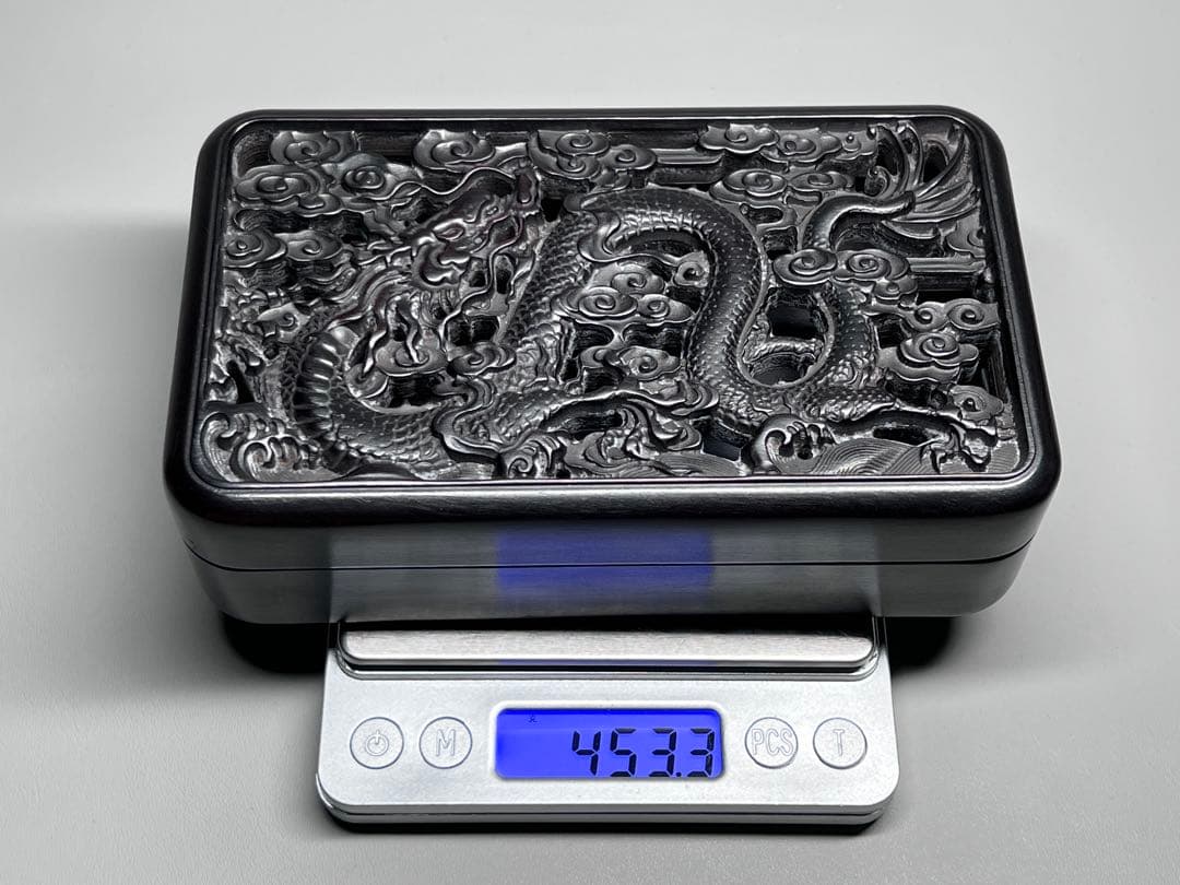 木製 小物入れ 香炉？ 硯箱 巻雲龍紋 透彫 極細工 文房具 中国美術