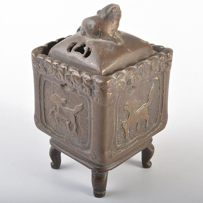 中国　大明宣徳年製款　古銅　神獣摘　神獣文　四方香炉　時代箱付　M　R6824