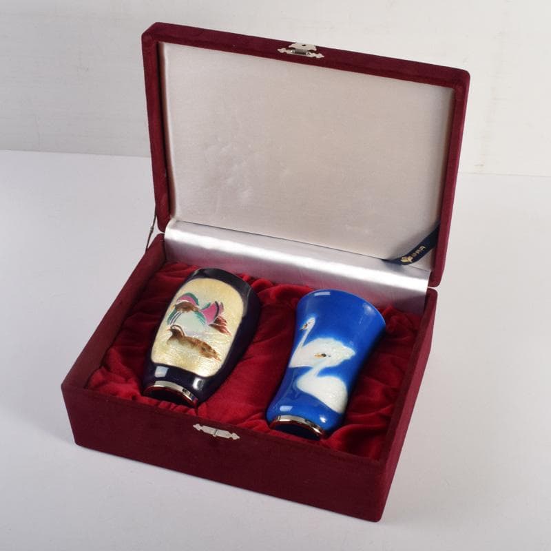 七宝焼　双鳥図　コップ　ビアグラス　2点　箱付　V　8278