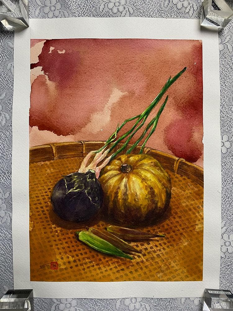 水彩アート「夏野菜　Ⅰ」1点物、手描き、真筆。