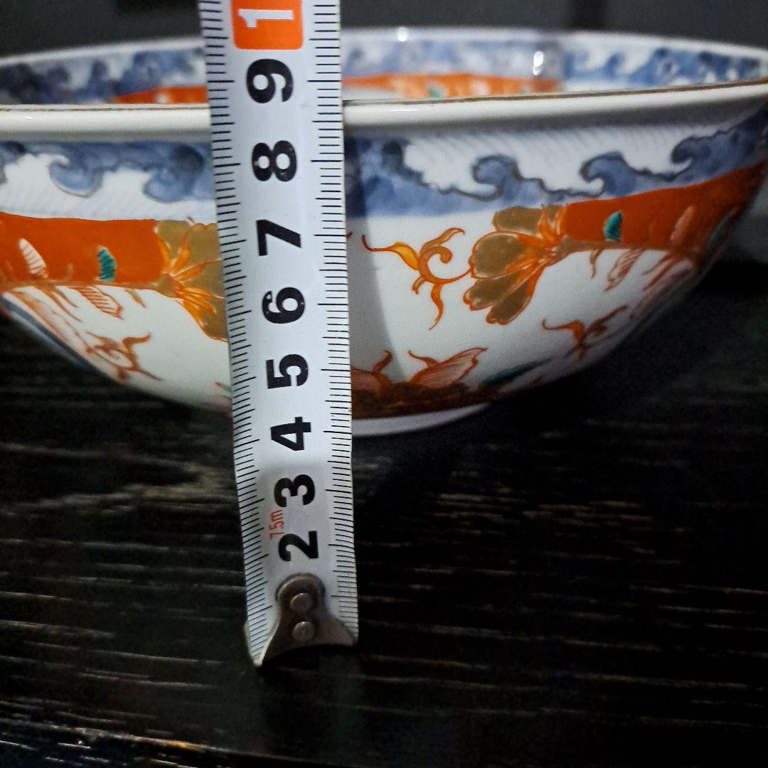 江戸中期　赤絵金彩　染錦　７寸中鉢　富貴長春　花窓 獅子図