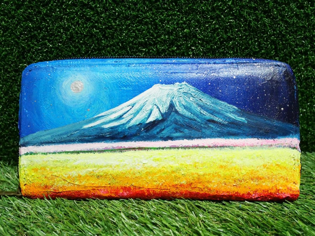 油絵 絵画　長財布【お花畑と満月の富士山】