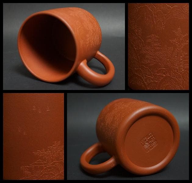 工芸美術師 許海中造 朱泥茶器 細密彫『山水風景図』蓋/持ち