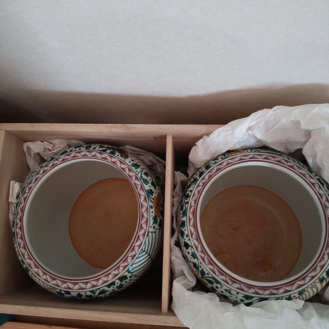 九谷焼柏葉文 火鉢 一対 木箱付き