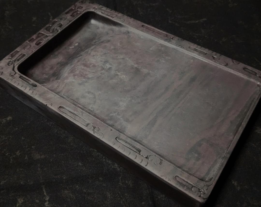 □端渓硯□饕餮文彫琢の長方硯□玳瑁班・青花・金線□約8吋□古い合木