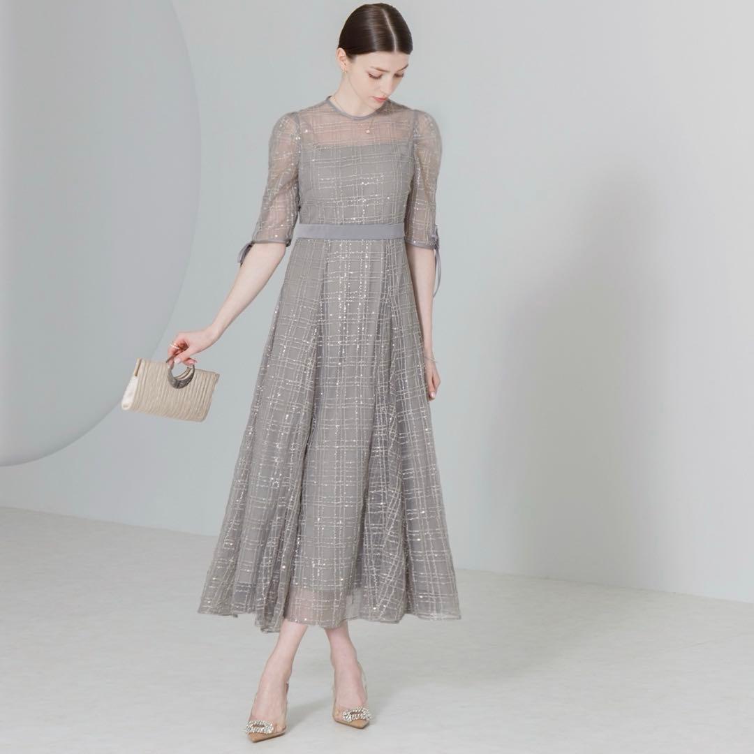 Leja チェックスパンコールリボンワンピース ドレス グレー