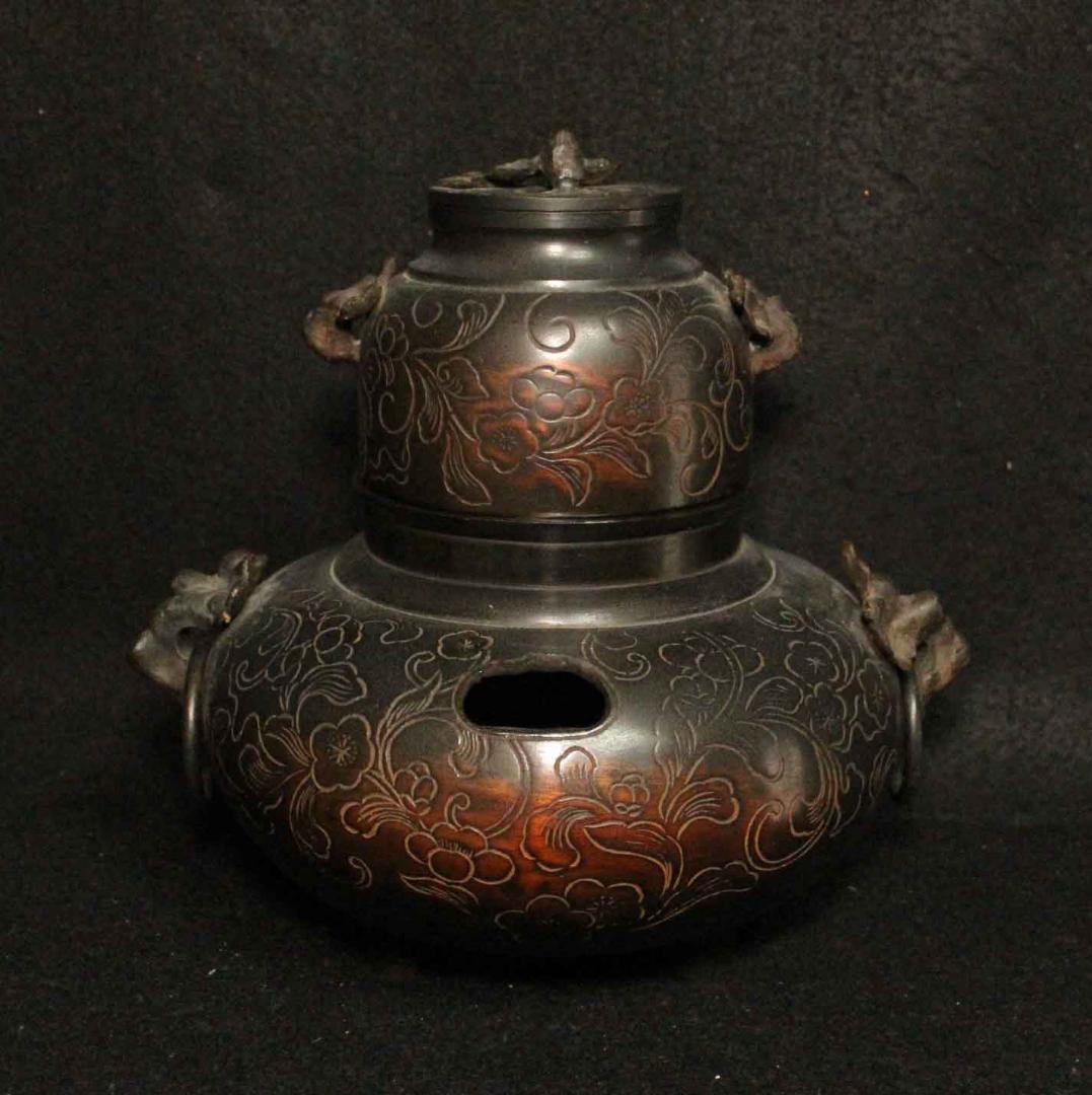 茶釜 銅製 植物文 在銘 正斉 19cm 茶道具 古銅 銅器 金属工芸