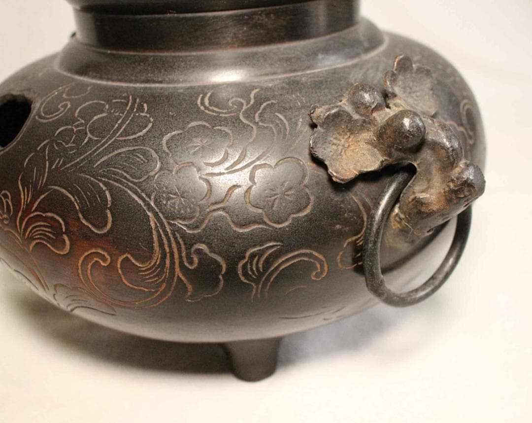 茶釜 銅製 植物文 在銘 正斉 19cm 茶道具 古銅 銅器 金属工芸