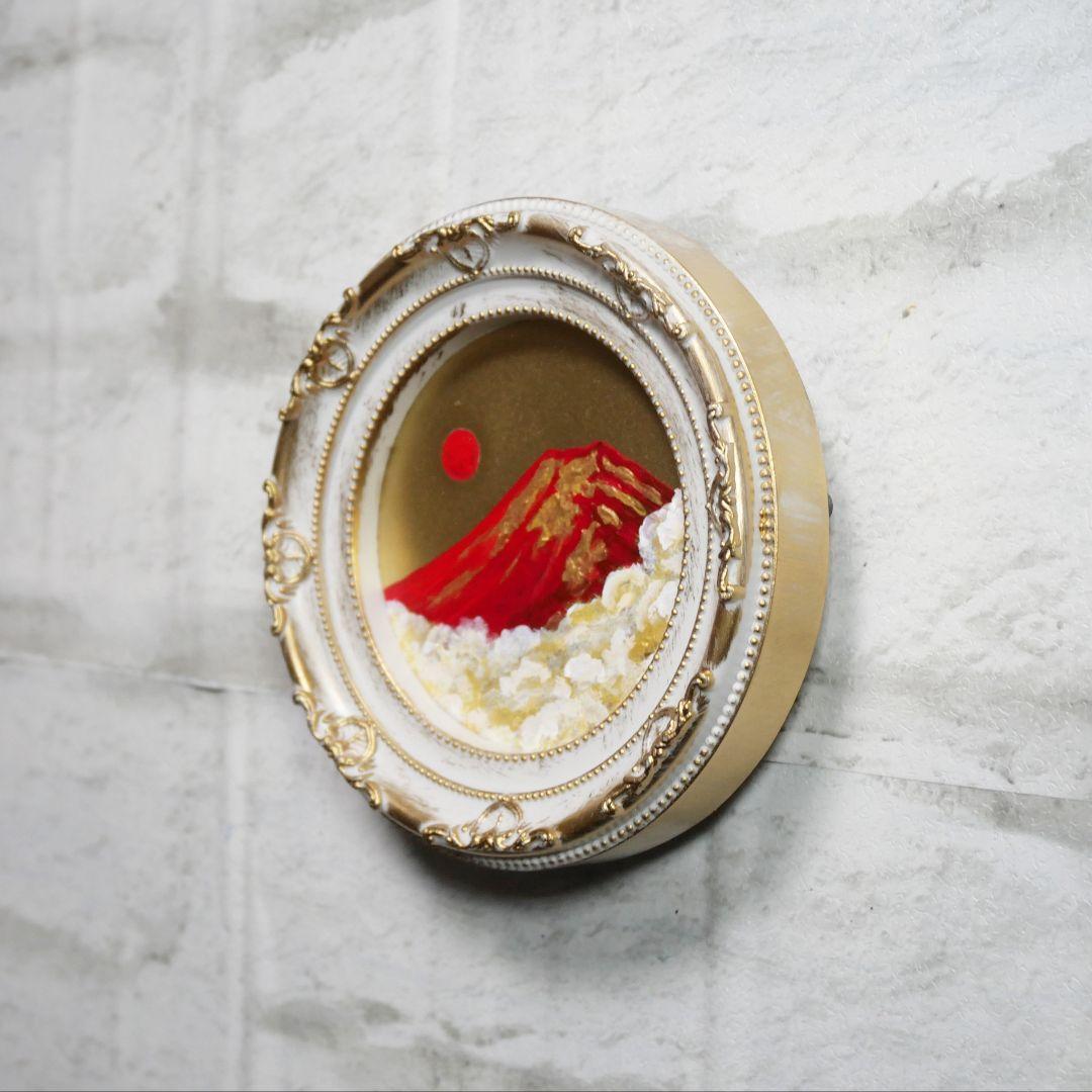 油絵 油彩 油彩画 絵 絵画 円形ミニ絵画 【赤富士】【金】