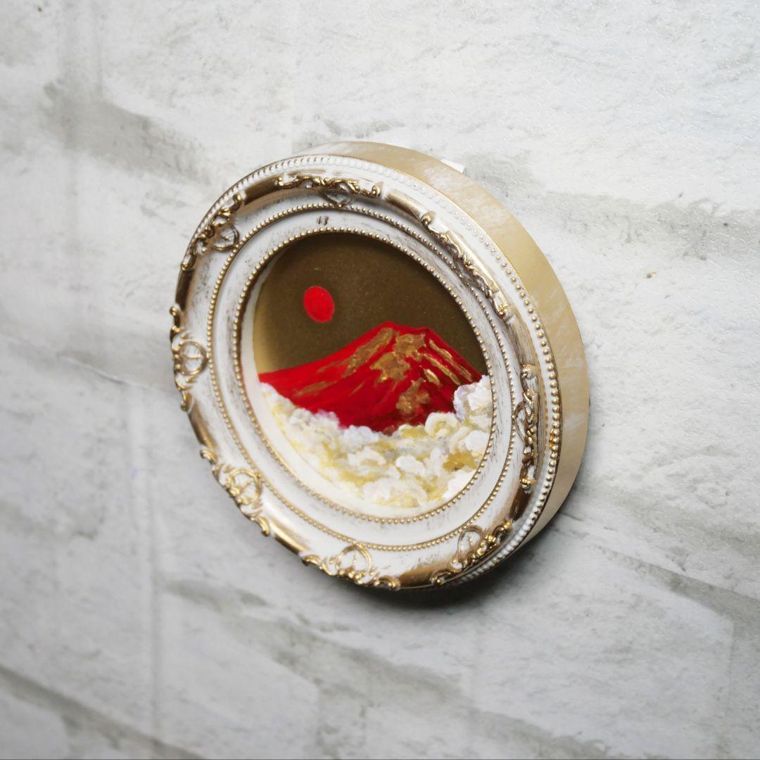 油絵 油彩 油彩画 絵 絵画 円形ミニ絵画 【赤富士】【金】