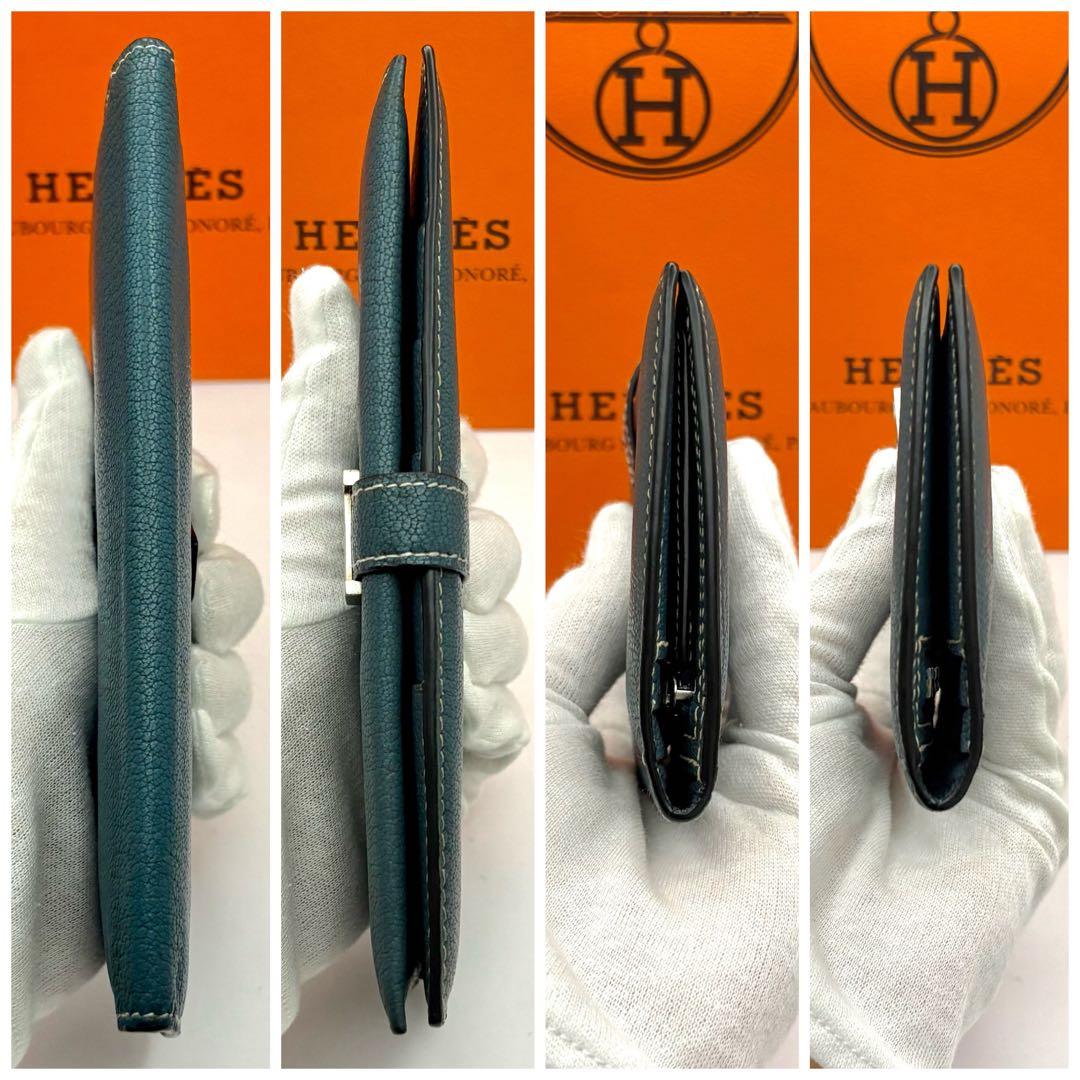 極美品✨大赤字の限界価格❣️エルメス　べアン　ブルー　シルバー金具　長財布