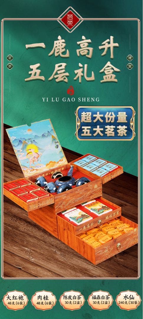 一鹿高升 五段ギフト茶箱セット 中国高級茶ギフト（大紅袍・白茶・