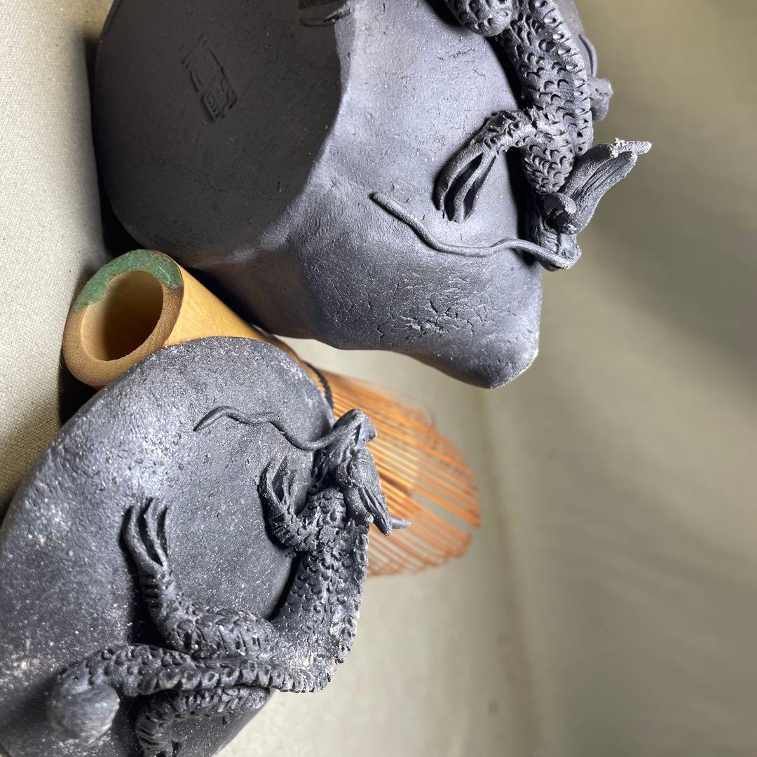 時代 備前双龍宝瓶 炭化青備前 窯変 双竜 手造 煎茶道具