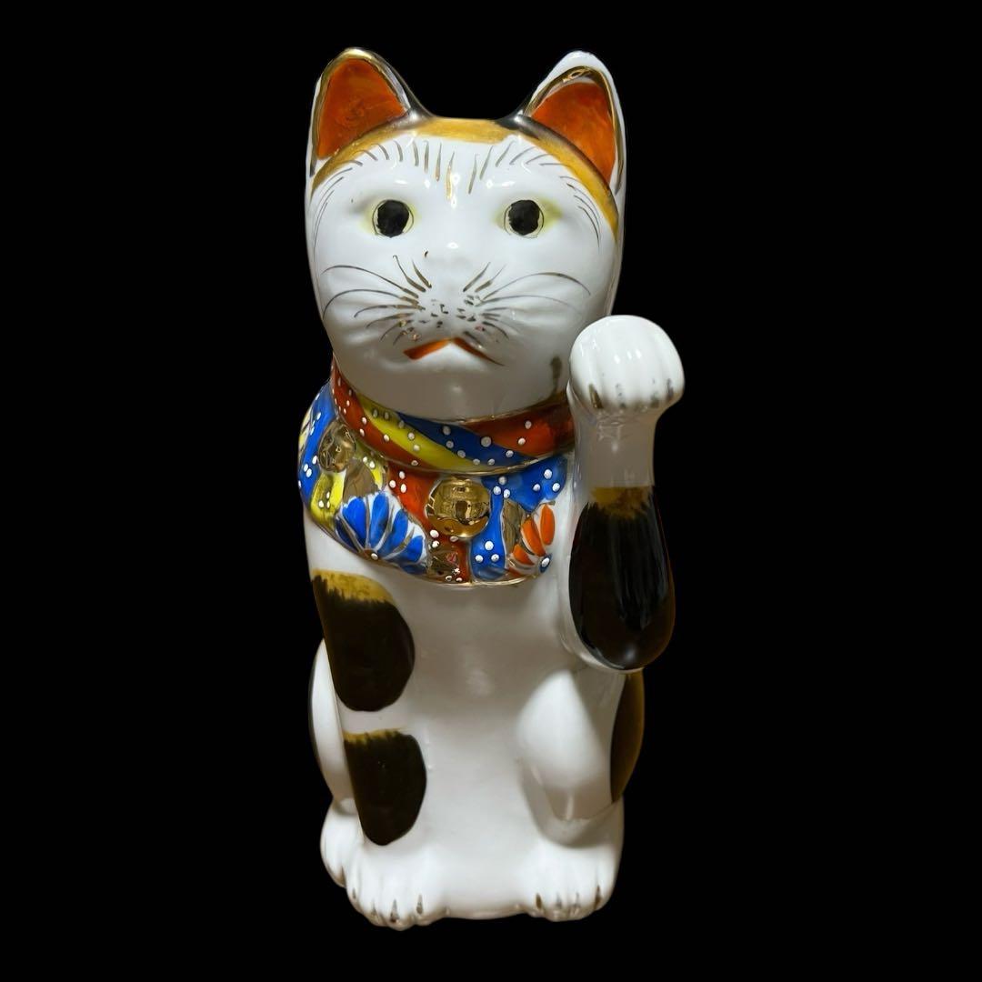 鸛《美品＆希少》明治~大正時代 古瀬戸 色絵 金彩 招き猫BIG 高さ24cm