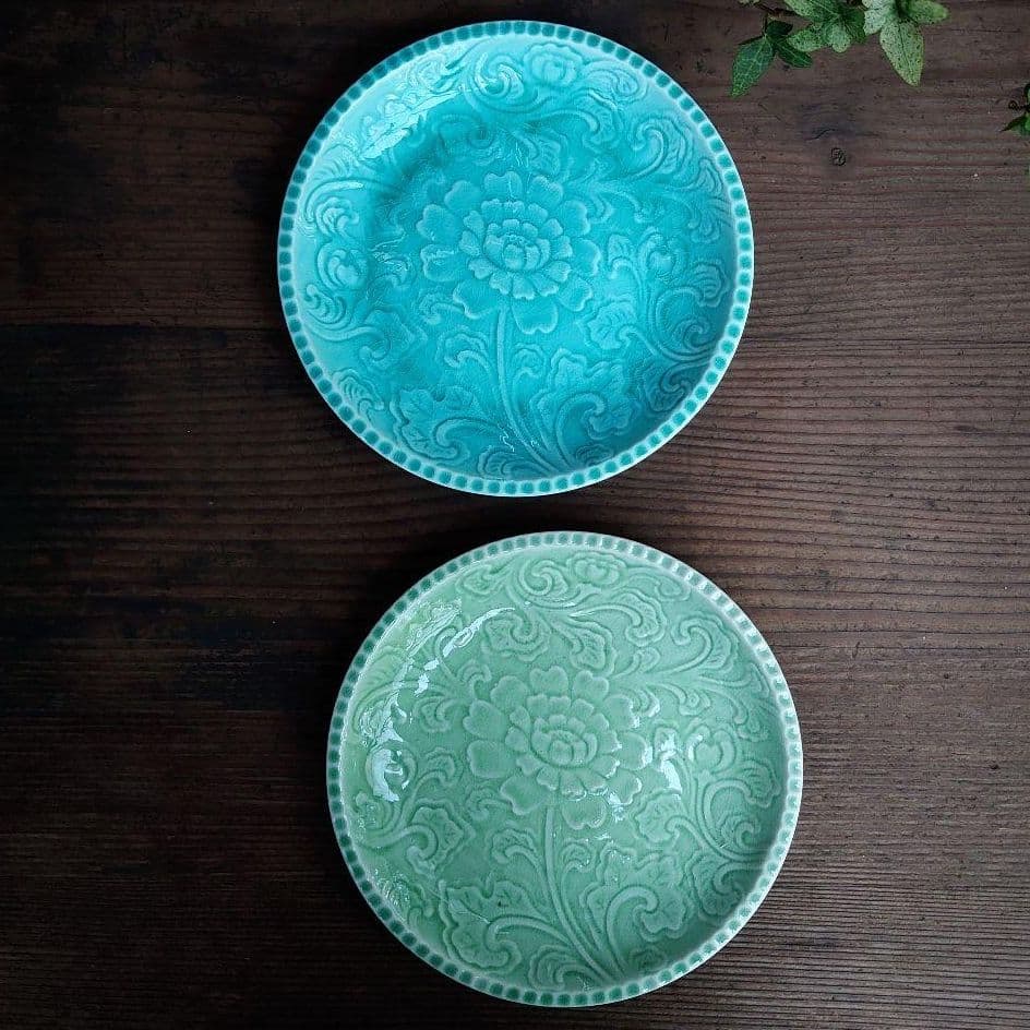 ご成約】淡路珉平焼 ターコイズブルーと翡翠色の7寸皿 2