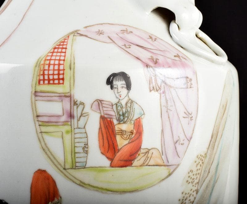 中国 粉彩 漢詩人物文 不遊環瓶 V 3901B