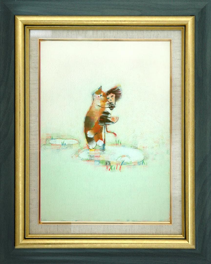 油絵 菅家令子 絵 絵画インテリア額付(銀) F4-072719 子猫女の子