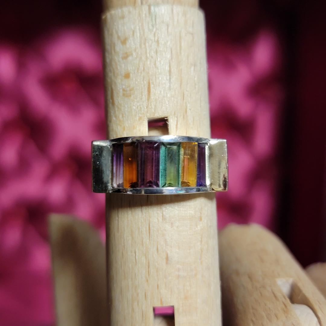 ビンテージ マルチストーンのゴールド切り替えシルバーリング 約14.5号