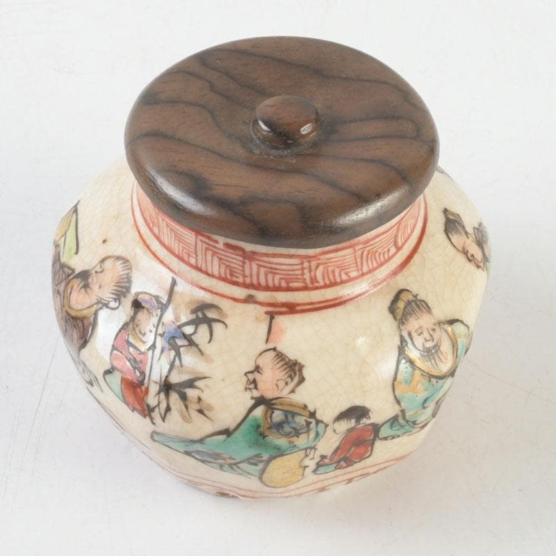 茶道具 九谷焼 古九谷 人物文 茶入 黒柿蓋 仕覆付 V 9669