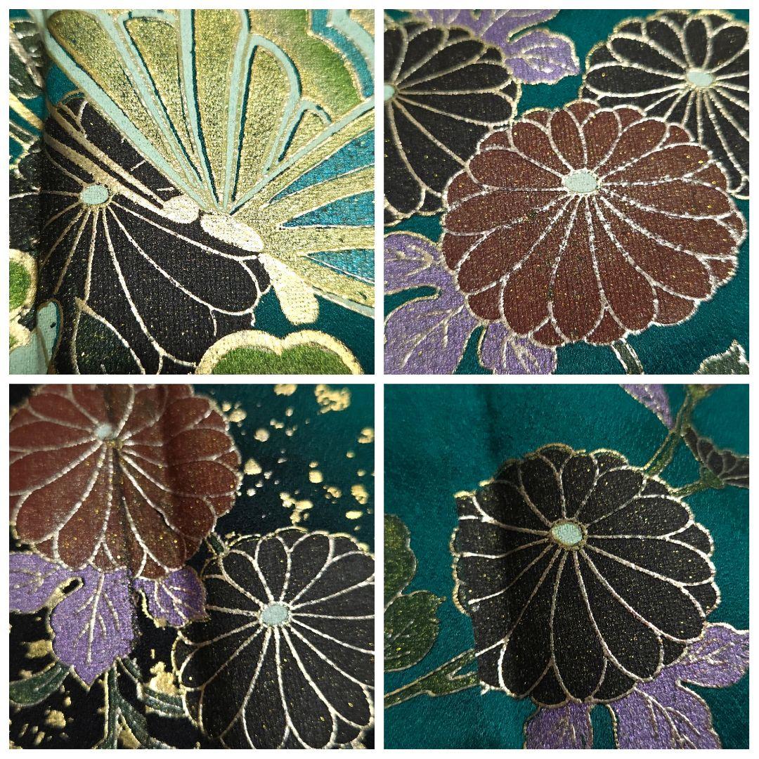 A5◇着物くつろぎ 蝶々に花模様 金彩 青緑 菊 袷 正絹 成人式