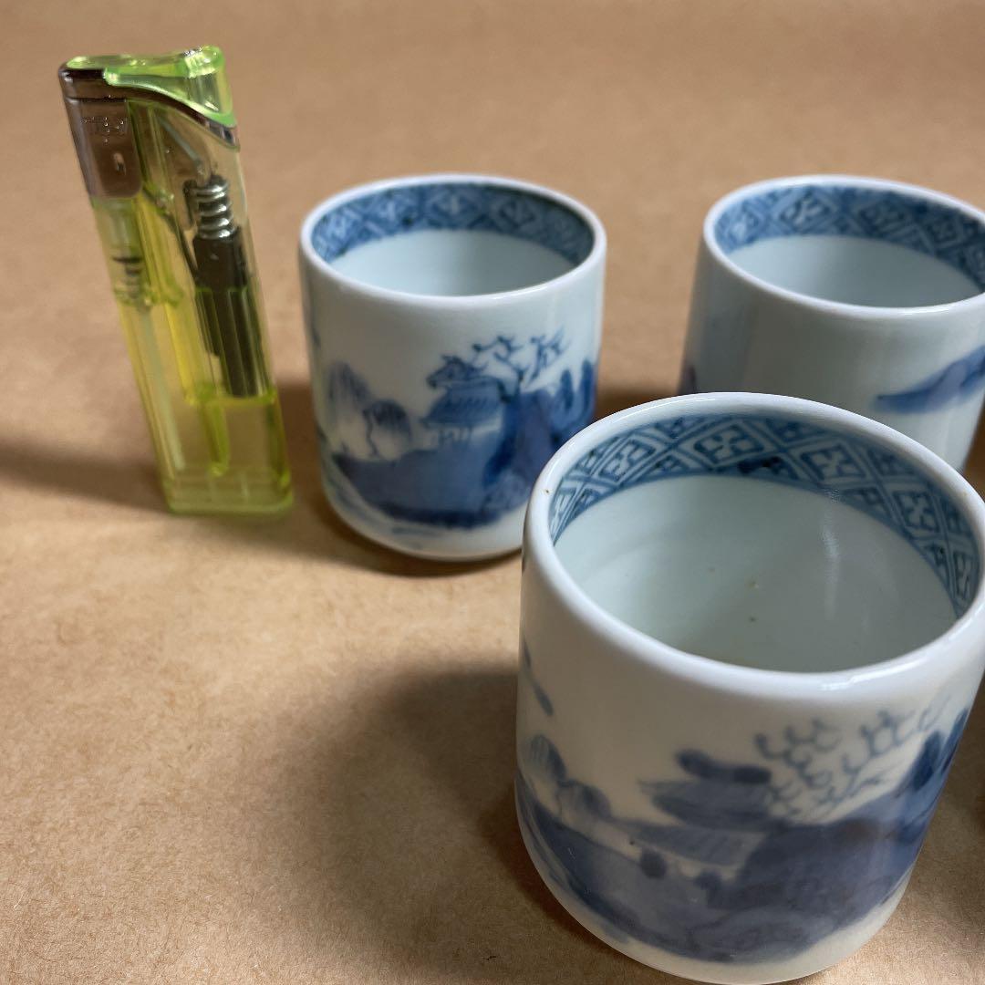 染付山水紋覗猪口五客 【m60 古伊万里 江戸 骨董 レトロ おちょこ 時代物】