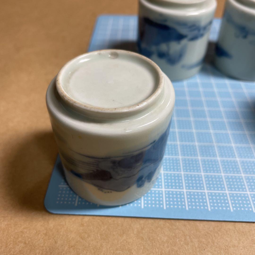 染付山水紋覗猪口五客 【m60 古伊万里 江戸 骨董 レトロ おちょこ 時代物】