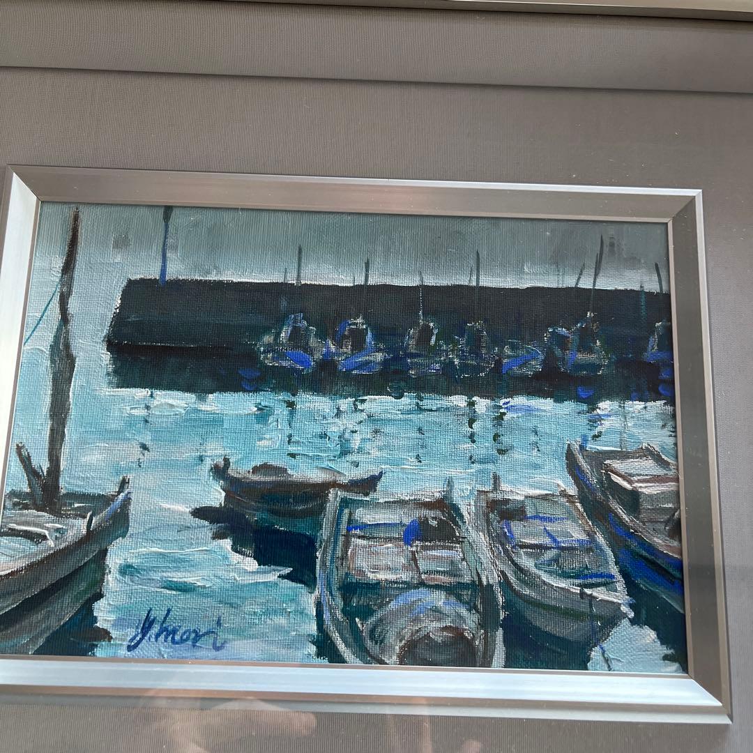 y.mori 港とボートの風景画　シルバー額縁