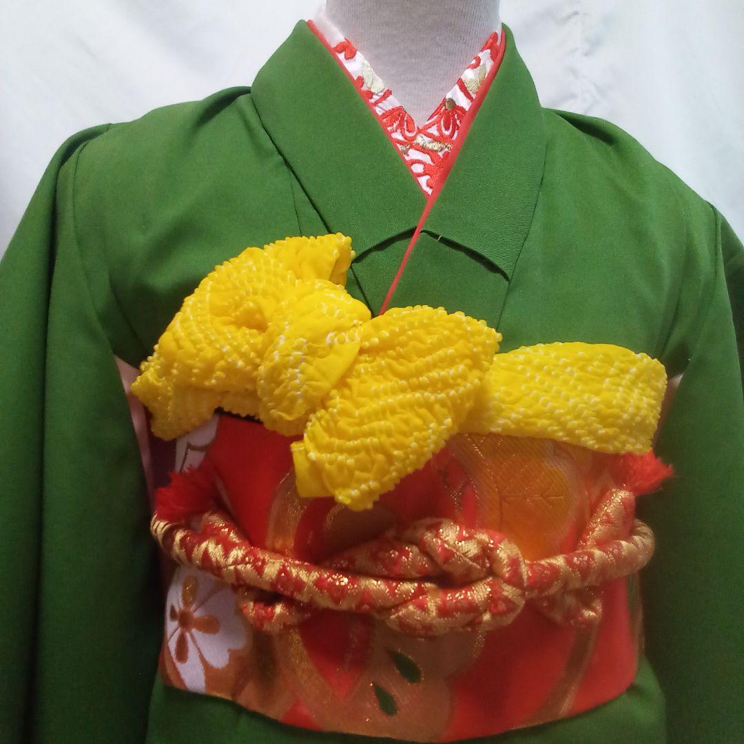 七五三　グリーン　三歳五歳袴　加賀紋　長襦袢　作り帯　巾着袋