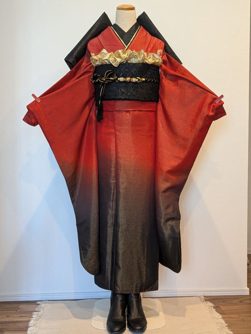 振袖フルセット 身丈165裄68.5 豪華振袖 金通し 赤 黒 逸品 成人式