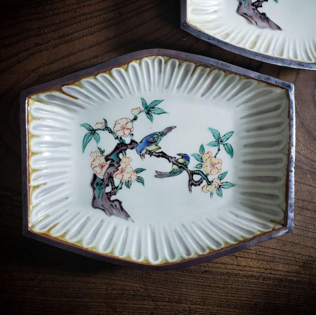 変形皿 角皿 舟形 古九谷 色絵付 鳥 明治 大正 銘 角福 二