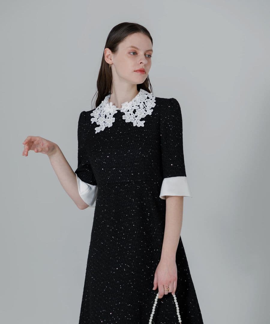 LEJA-花柄レースカラースパンコールAラインワンピースドレス S ブラック