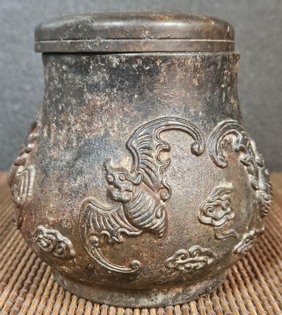 中国古美術 中国古銅 宣徳年製銘 銅製 古銅唐金 陽刻浮彫