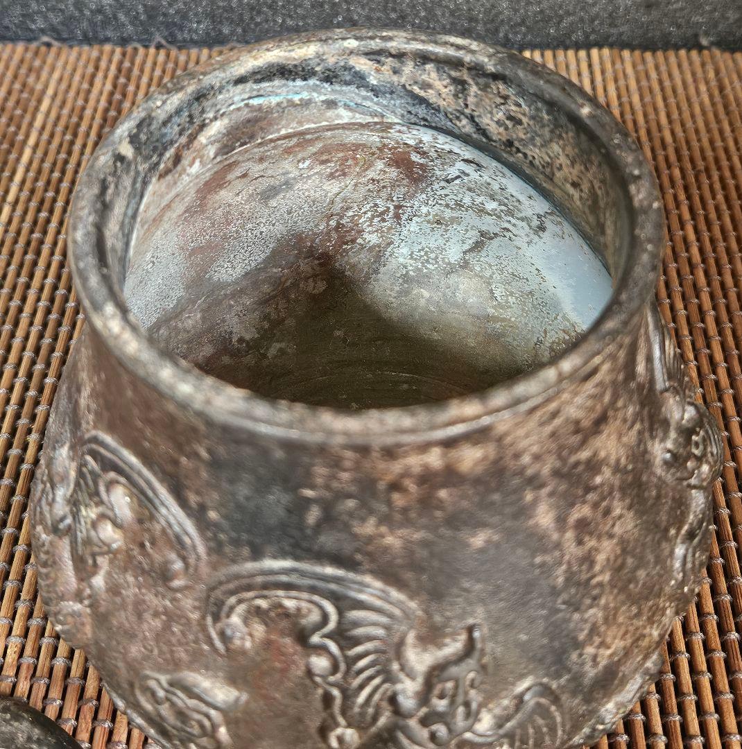 中国古美術 中国古銅 宣徳年製銘 銅製 古銅唐金 陽刻浮彫