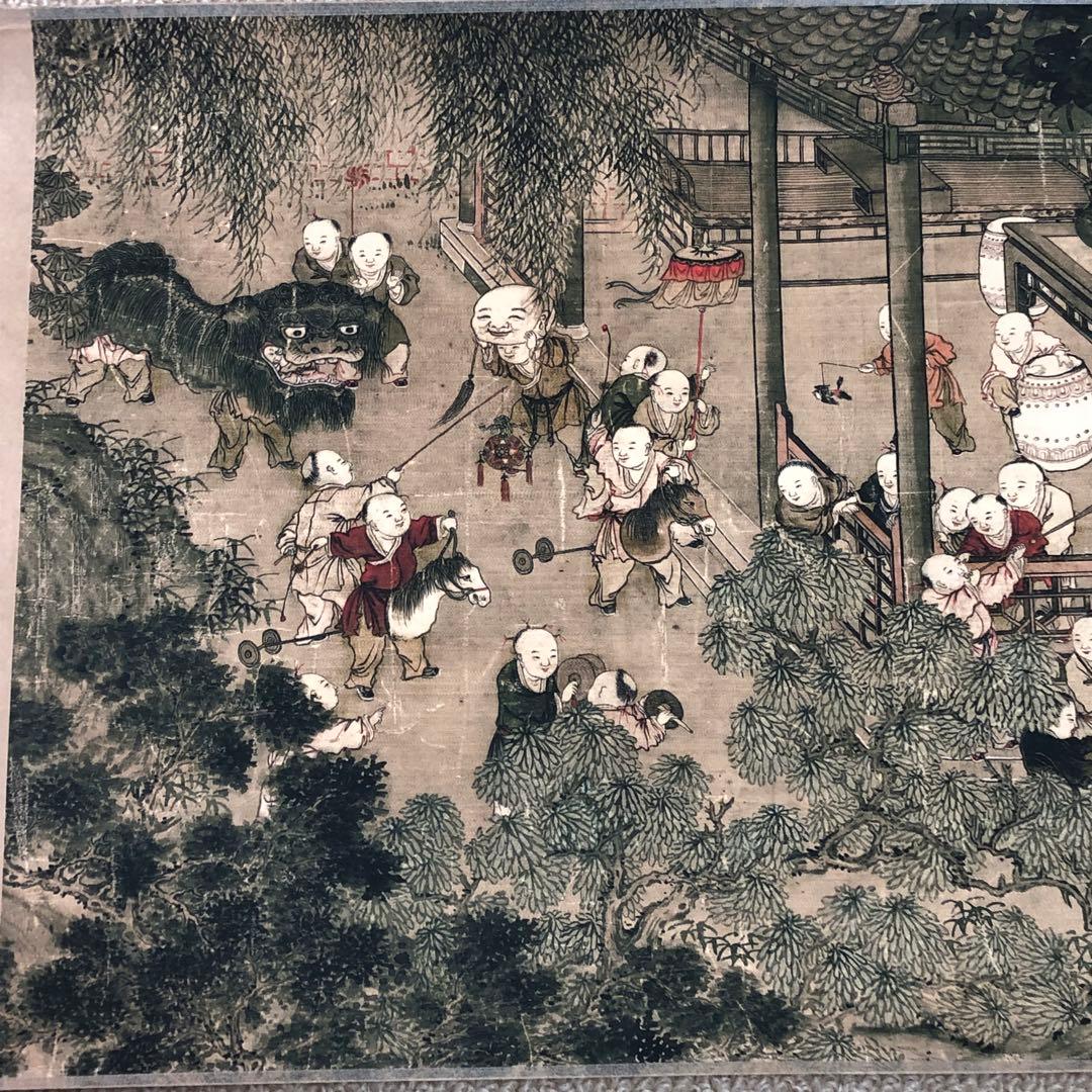 名家 冷枚　百子図 巻き絵 三希堂 御書房 乾隆皇帝印218cm *30cm