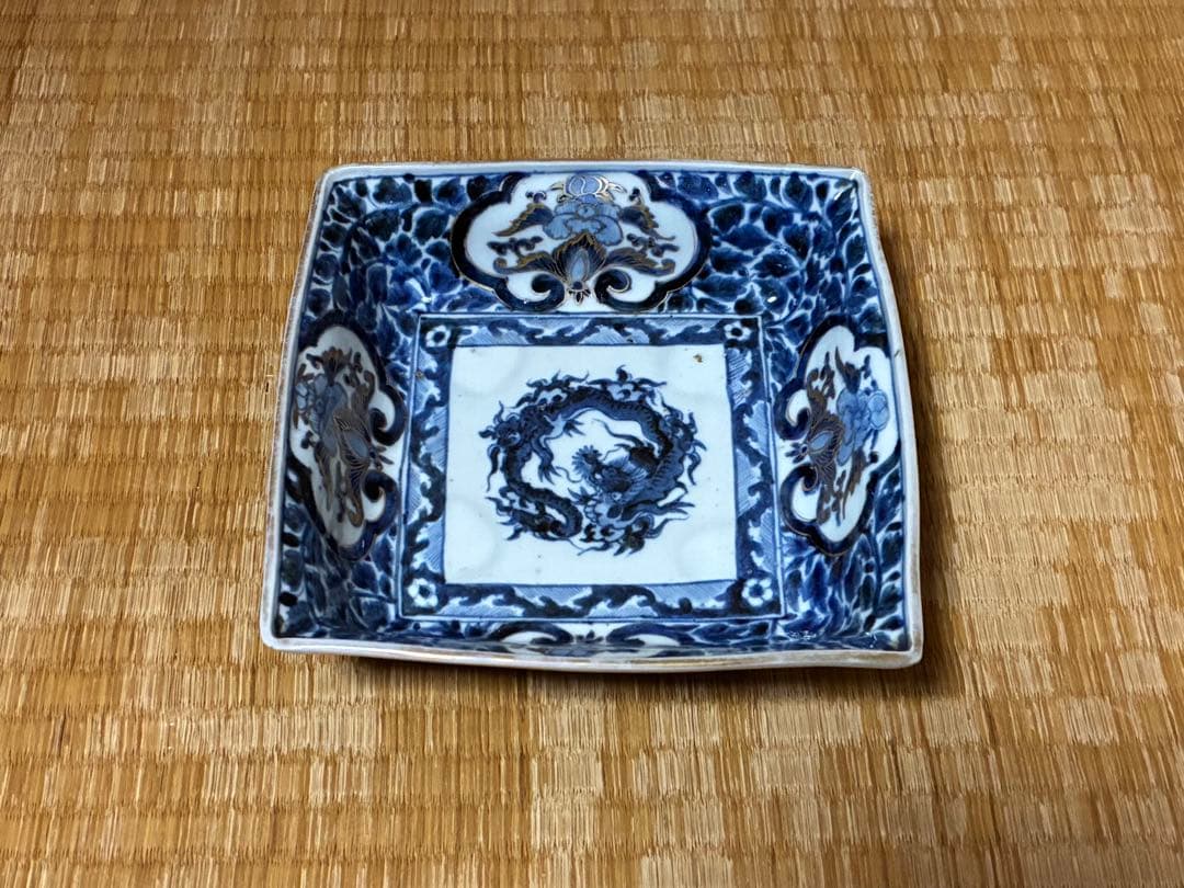 古伊万里 藍錦 金彩 染付 【渦福】龍紋の四方鉢 木箱