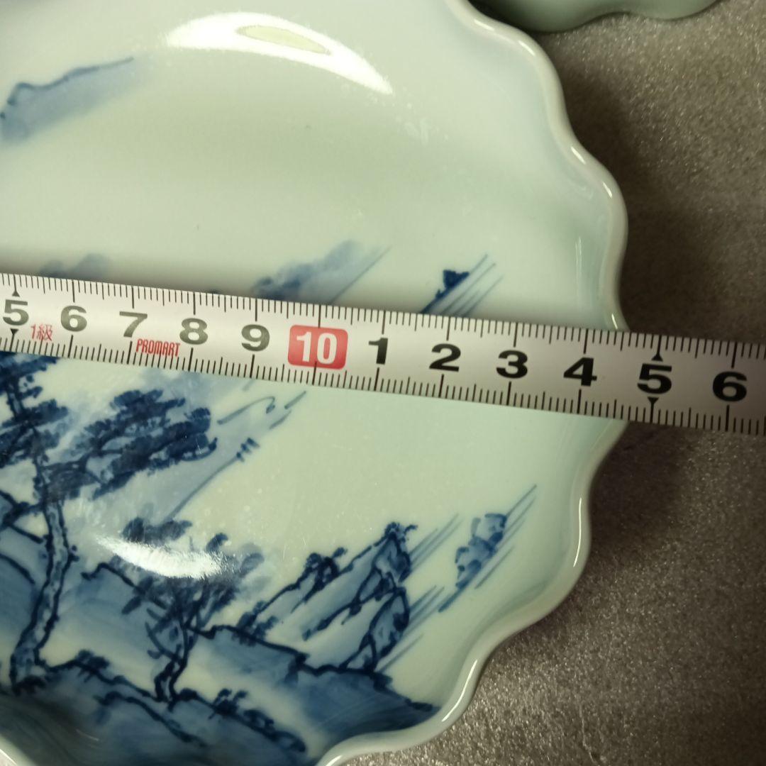 高級 レア 有田焼 青い山水画 波型皿 大皿 取り皿 染付 青白い風景画 工芸品