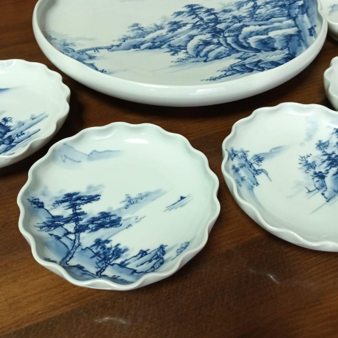 高級 レア 有田焼 青い山水画 波型皿 大皿 取り皿 染付 青白い風景画