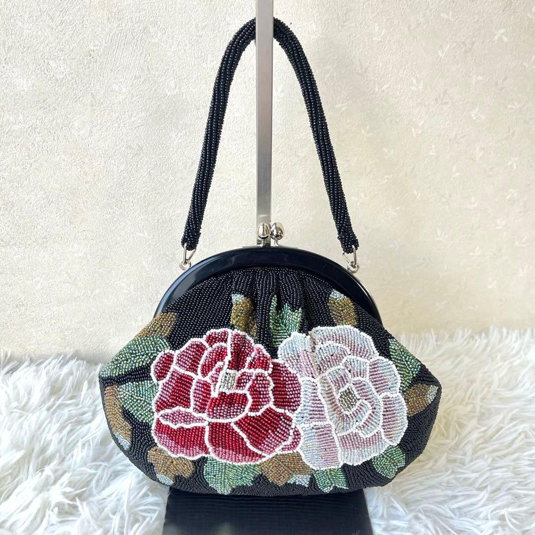 ビーズバッグ　和装バッグ　和装小物　花柄　美品　がま口