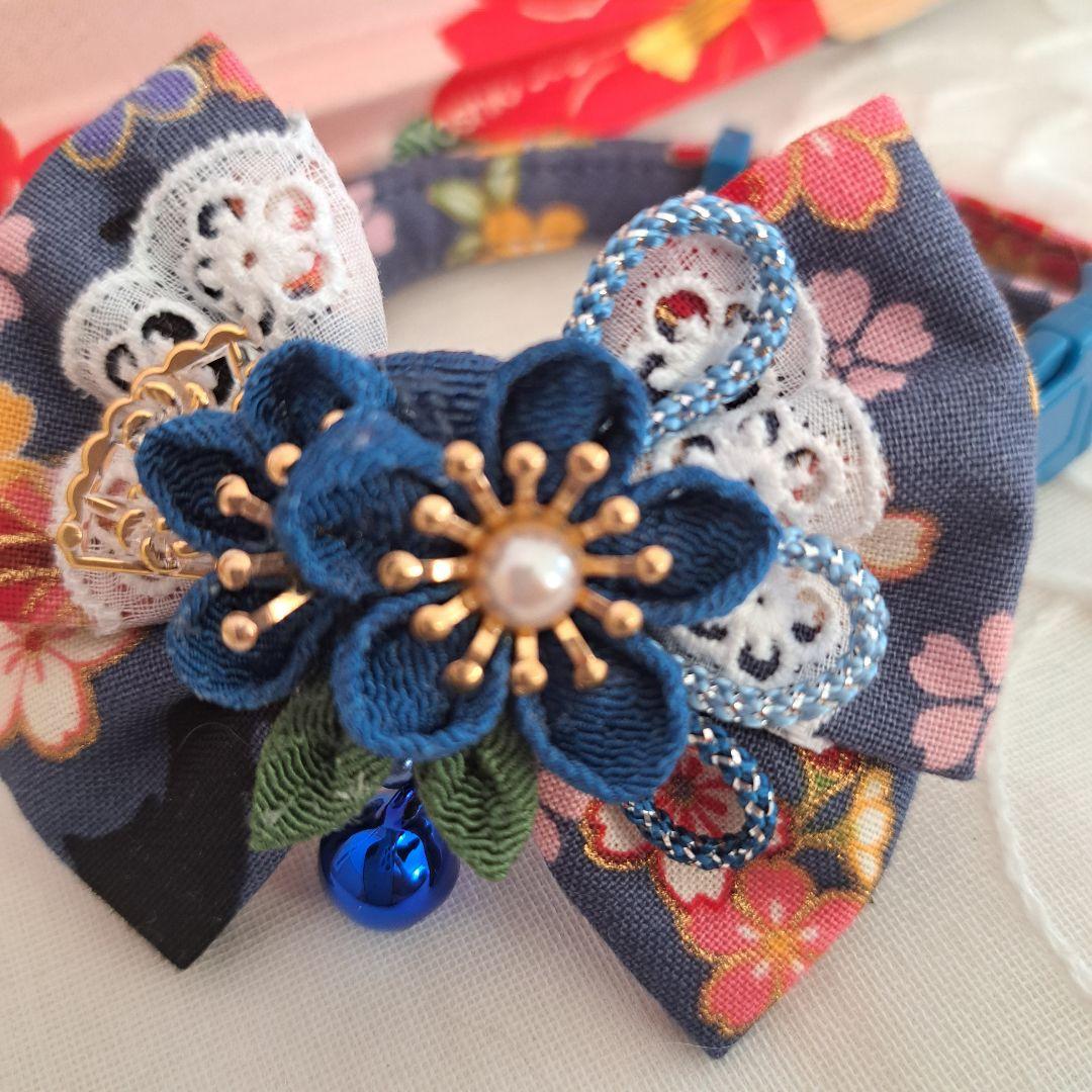 お正月、つまみ細工リボン(水色)わんちゃん猫ちゃん用首輪 お正月