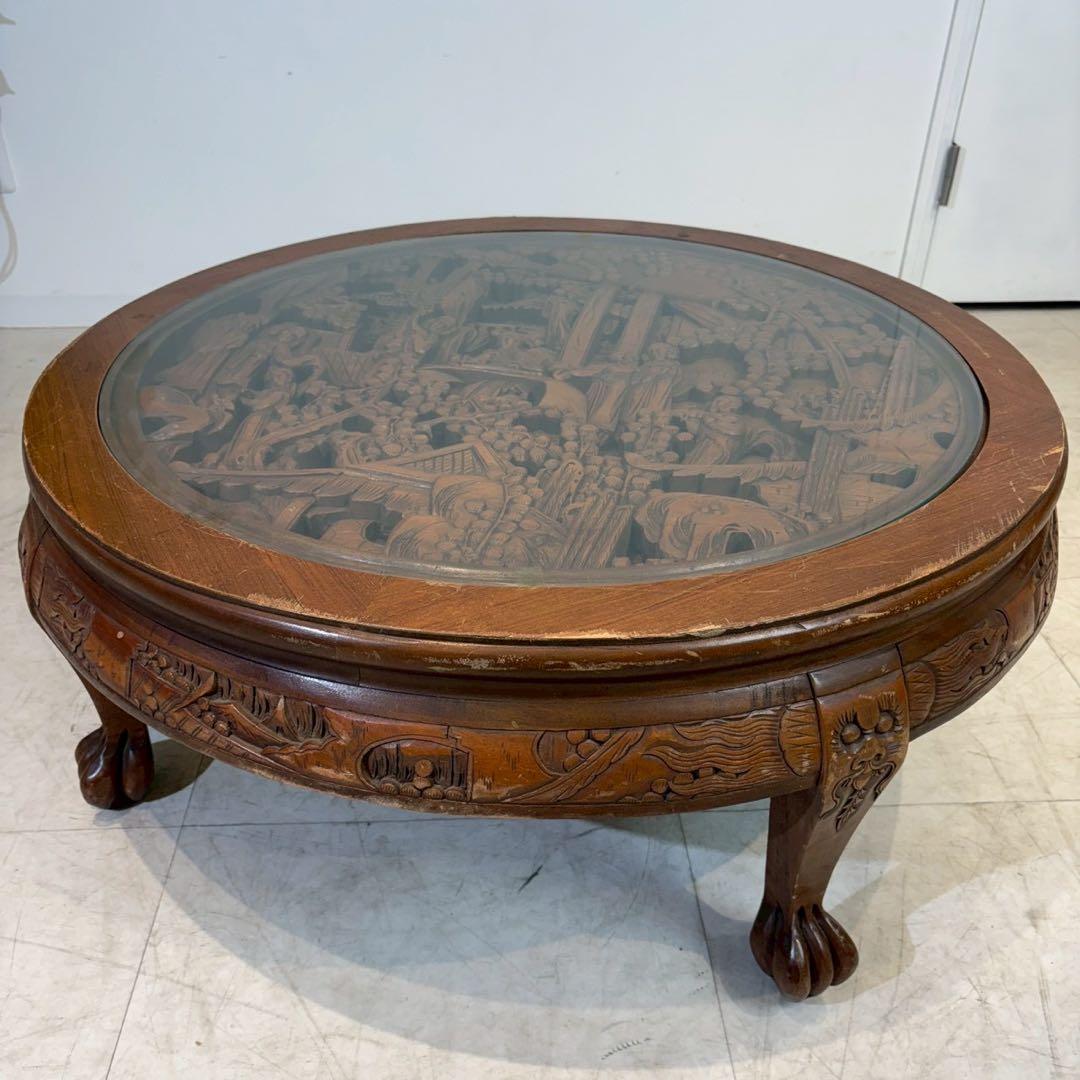 アンティーク彫刻家具 座卓 ちゃぶ台 猫脚 骨董 中国 ローテーブル