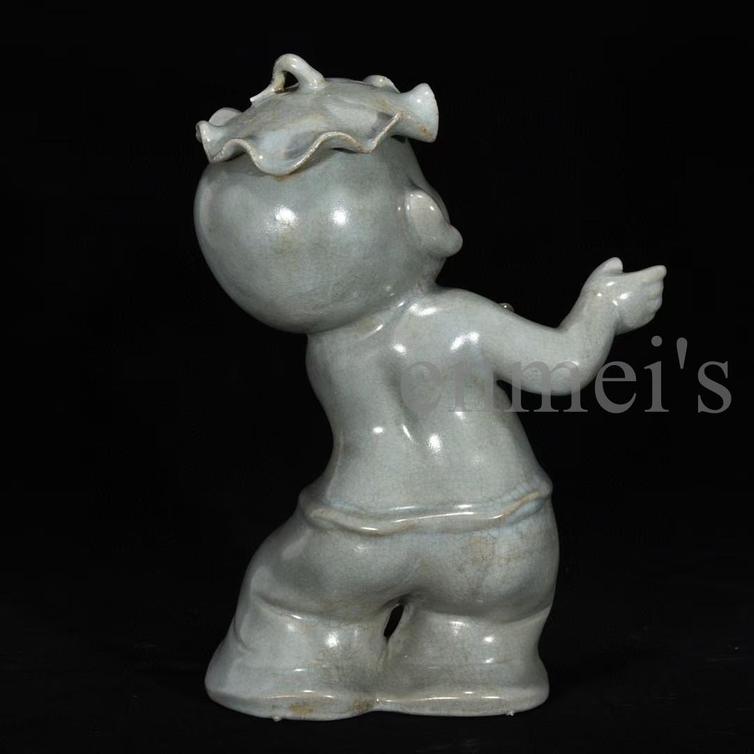 中国古美術・宋汝窯風 淡青釉 童子人形 3体セット・陶器製・文房置物