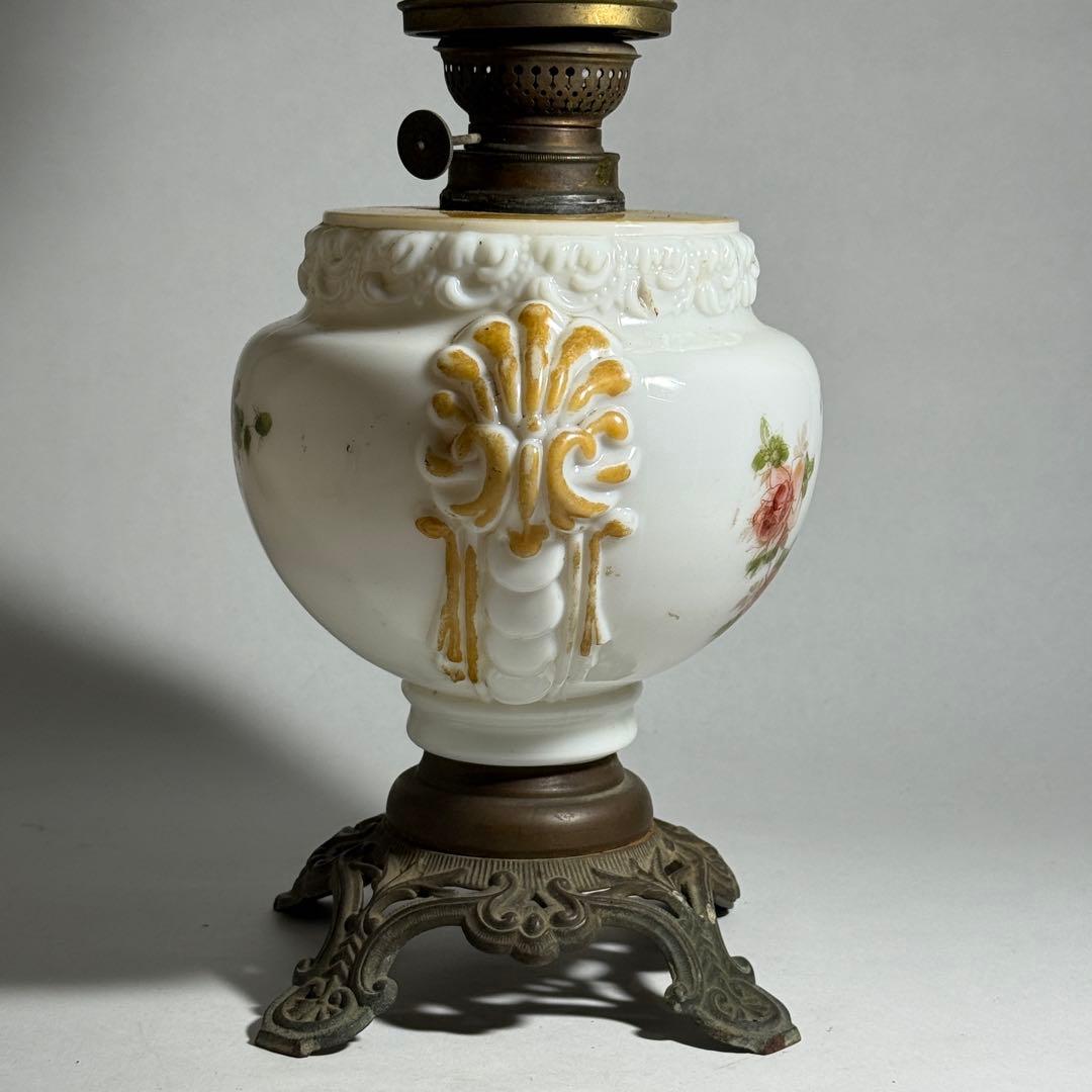 ◇希少 置きランプ 雷文擦り硝子火屋 ガラス絵乳白硝子オイル壺 明治時代◇