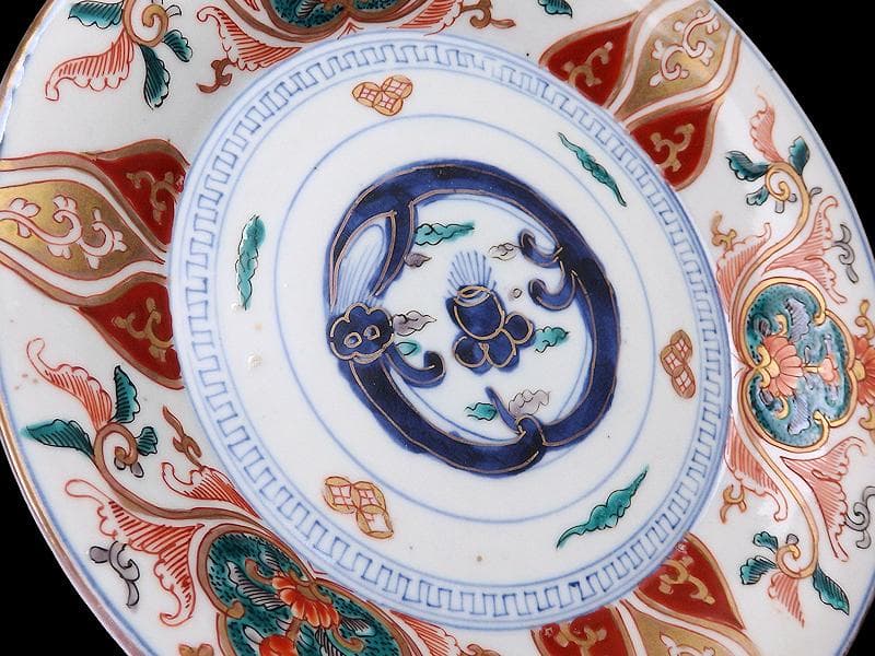 古伊万里 色絵 団龍紋に宝珠 花の図 7寸皿 3枚